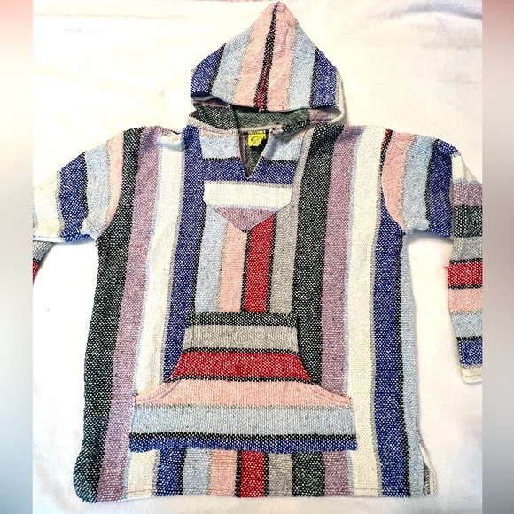 Mexican Poncho Baia Hoodie Surfer Pullover Made in Mex Unisex Sky Red Pink - Picture 3 of 10